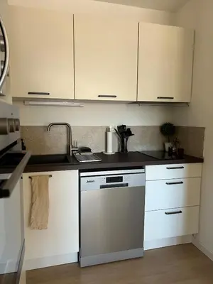 a kitchen with white cabinets and a stainless steel dishwasher at Apt T2 moderne & lumineux in Narbonne