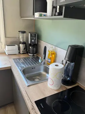 a kitchen counter top with a sink and a stove at Appartement en centre-ville parking privé in Narbonne
