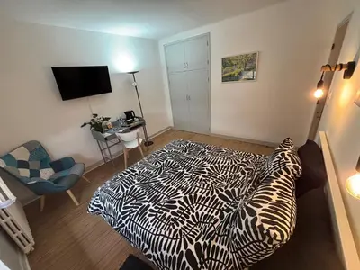 a bedroom with a zebra print bed and a desk at Aux Tournesols in Lavelanet