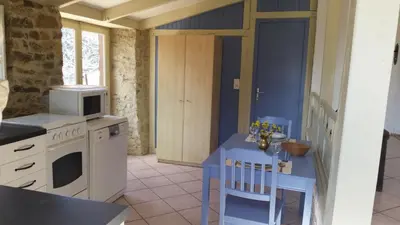 a kitchen with a stove and a table with a microwave at The Bergerie in Roquetaillade