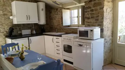 a kitchen with a white stove and a microwave at The Bergerie in Roquetaillade