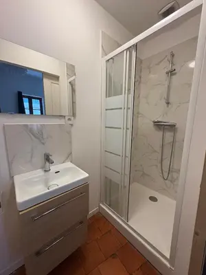 a bathroom with a sink and a shower at Le Capucin Terrace Hypercentre in Castres