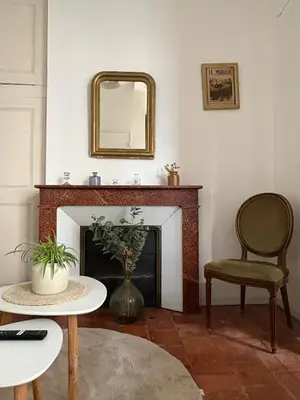 a living room with a fireplace and a mirror at Le Capucin Terrace Hypercentre in Castres