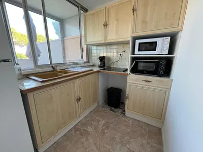 a kitchen with wooden cabinets and a sink and a microwave at Charmant studio grande terrasse in Gruissan