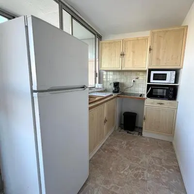 a white refrigerator in a kitchen with wooden cabinets at Charmant studio grande terrasse in Gruissan