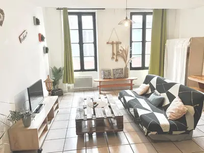 a living room with a couch and a tv at Appartements hyper Centre in Carcassonne