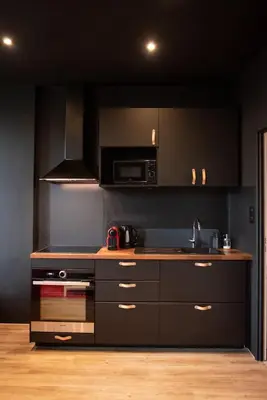 a kitchen with black cabinets and a microwave at Qualys Cinema-Parking & View Square in Carcassonne