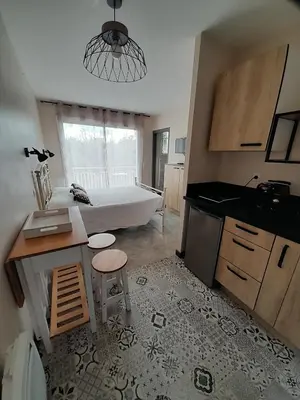 a bathroom with a bed and a kitchen with a sink at Chabas Studio in Lagarrigue