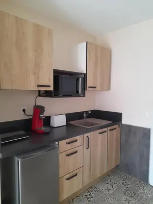 a kitchen with a sink and a microwave at Chabas Studio in Lagarrigue