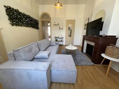 a living room with a couch and a fireplace at L'Excellence, Joli T3 Bourgeois in Carcassonne