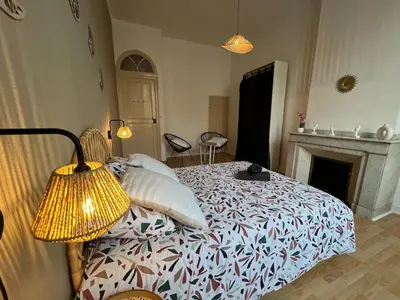 a bedroom with a bed and a lamp and a fireplace at L'Excellence, Joli T3 Bourgeois in Carcassonne
