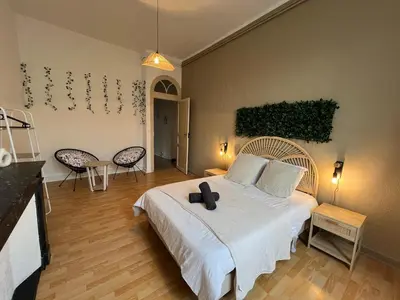 a bedroom with a large bed with a white blanket at L'Excellence, Joli T3 Bourgeois in Carcassonne