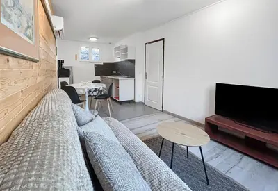 a living room with a couch and a table and a television at Terrasse, parking & confort au cœur de Carcassonne in Carcassonne