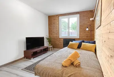 a bedroom with a bed and a flat screen tv at Terrasse, parking & confort au cœur de Carcassonne in Carcassonne