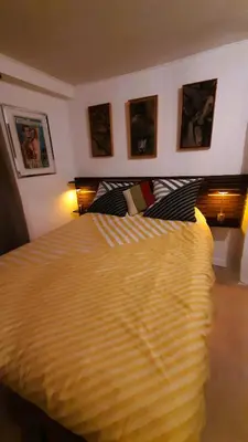 a bedroom with a bed with a yellow comforter at Chez Pet and Jo in Olargues