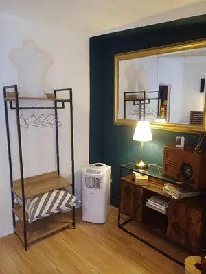 a room with a mirror and a shelf and a desk at Chez Pet and Jo in Olargues