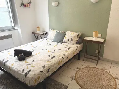 a small bedroom with a bed with at Appartement 2 Chambres in Carcassonne