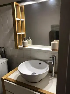 a bathroom with a white sink and a mirror at Tranquille et chaleureux in Carcassonne