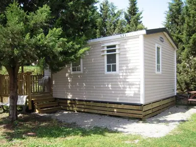 a white tiny house in a yard with a tree at Mobil-home confortable avec terrasse - API-1-52-652 in Lézignan-Corbières