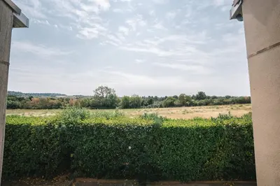 a hedge with a view of a field behind it at Parking Sécurisé -Climatisé-Piscine-Terrasse-AM in Carcassonne