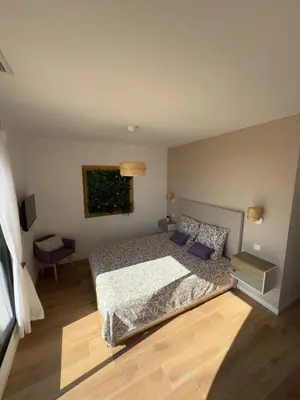 a bedroom with a bed with purple pillows at Modern villa with sea view in Fitou