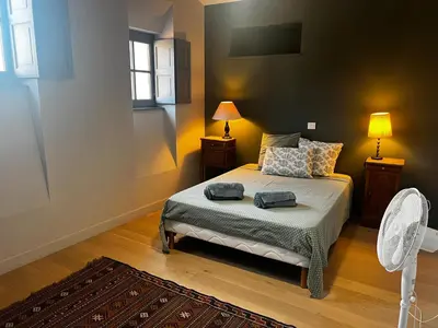 a bedroom with a bed with two bags on it at Maison Gally Historic Luxury in Carcassonne