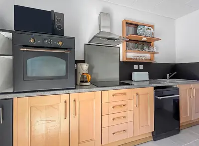 a kitchen with a stove and a microwave at Maison avec Jardin, Terrasse, cheminée insert et bois in Carcassonne