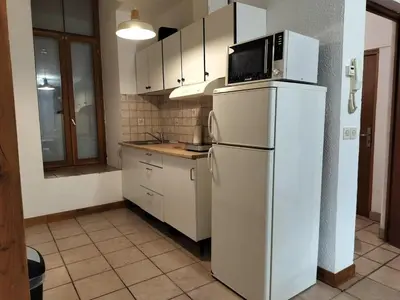 a kitchen with a white refrigerator and a microwave at Apartment 6 in Castelnaudary