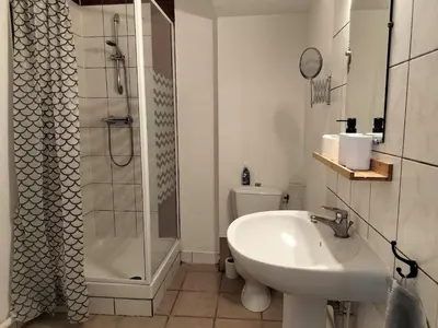 a bathroom with a sink and a shower and a toilet at Apartment 6 in Castelnaudary