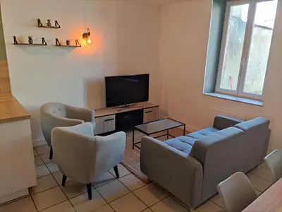 a living room with a couch and chairs and a television at Chambre avec salle de bain privative in Castres