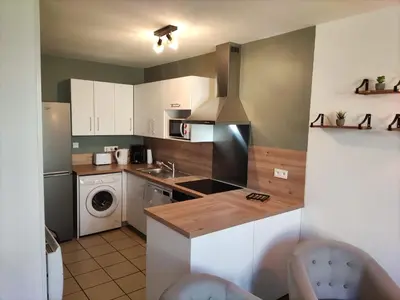 a kitchen with a sink and a stove top oven at Chambre avec salle de bain privative in Castres