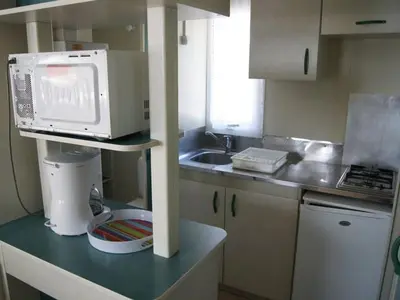 a small kitchen with a sink and a microwave at Chalet confortable avec terrasse à Sournia - API-1-52-491 in Sournia