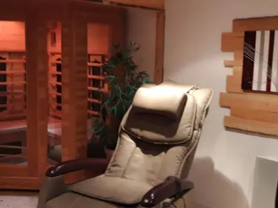 a reclining chair in a room with a plant at Mobil-home confortable avec terrasse pour 4 personnes à Sournia - API-1-52-622 in Sournia