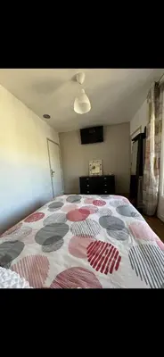 a bedroom with a large bed with a patterned blanket at La villa des lauriers in Cuxac-dʼAude