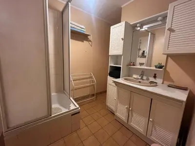 a bathroom with a shower and a sink and a tub at Charmante maison de village à Tourouzelle in Tourouzelle