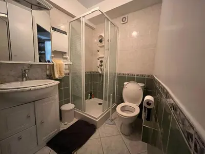 a bathroom with a shower and a toilet and a sink at Charmante maison de village à Tourouzelle in Tourouzelle