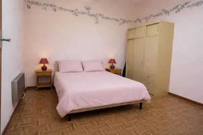 a bedroom with a large bed and two night stands at Charmante maison de village à Tourouzelle in Tourouzelle
