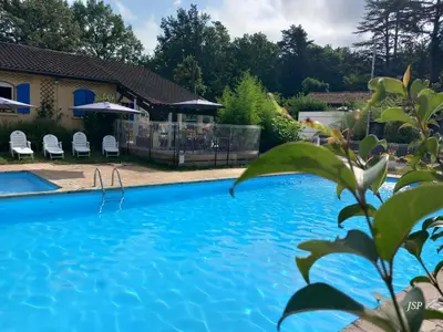 a swimming pool in a yard with chairs and umbrellas at Mobil Home La Belle Vie in Vaudreuille