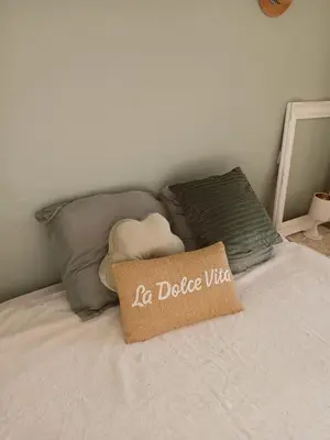 a pillow that says la dixie wife on a bed at Chambre des Remparts in Lautrec