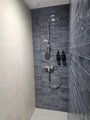 a shower in a bathroom with black tiles at Les Oreillers Multicolores in Castelnau-dʼAude