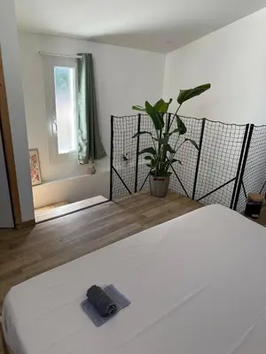 a bedroom with a white bed with a potted plant at Le Riquet Duplex neuf climatisé au calme in Carcassonne