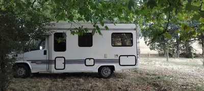 a white van parked in the grass under a tree at Le camping-car de la Gardié in Vielmur-sur-Agout