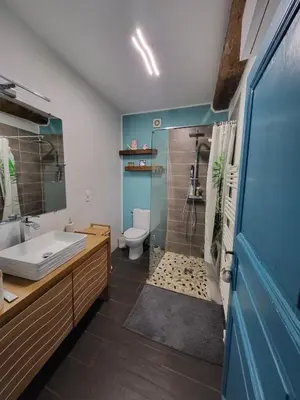 a bathroom with a tub and a sink and a toilet at Maison de village Olonzac in Olonzac