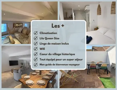 a collage of photos of a living room and a room at Charmante maison rénovée au cœur du village de Gruissan in Gruissan