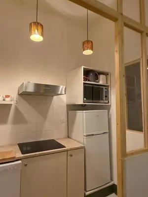 a kitchen with a white refrigerator and a microwave at appartement lumineux cosy 4 couchages coeur de narbonne in Narbonne