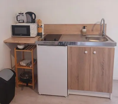 a small kitchen with a sink and a refrigerator at Studio Garrevaques Calme et Charme à la Campagne - Wendy in Garrevaques