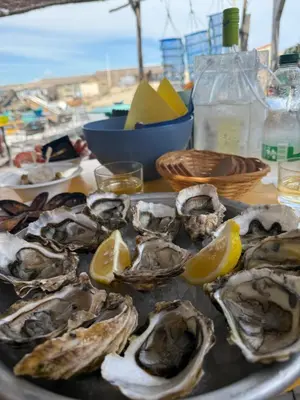 a tray of oysters on a table with lemon slices at Authentic fisherman's house Maison de pêcheur authentique in Port-la-Nouvelle