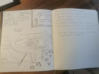 an open notebook with drawings and handwriting on it at villa la combe blanche - toboggan aquatique privée in Pépieux