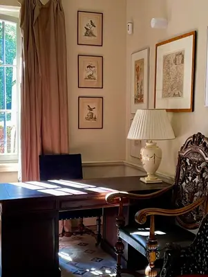 a room with a desk with a lamp and a chair at Château de L'Encastre in Revel