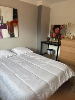 a white bed in a bedroom with a painting on the wall at Maison 95m2 6 personnes piscine in Narbonne